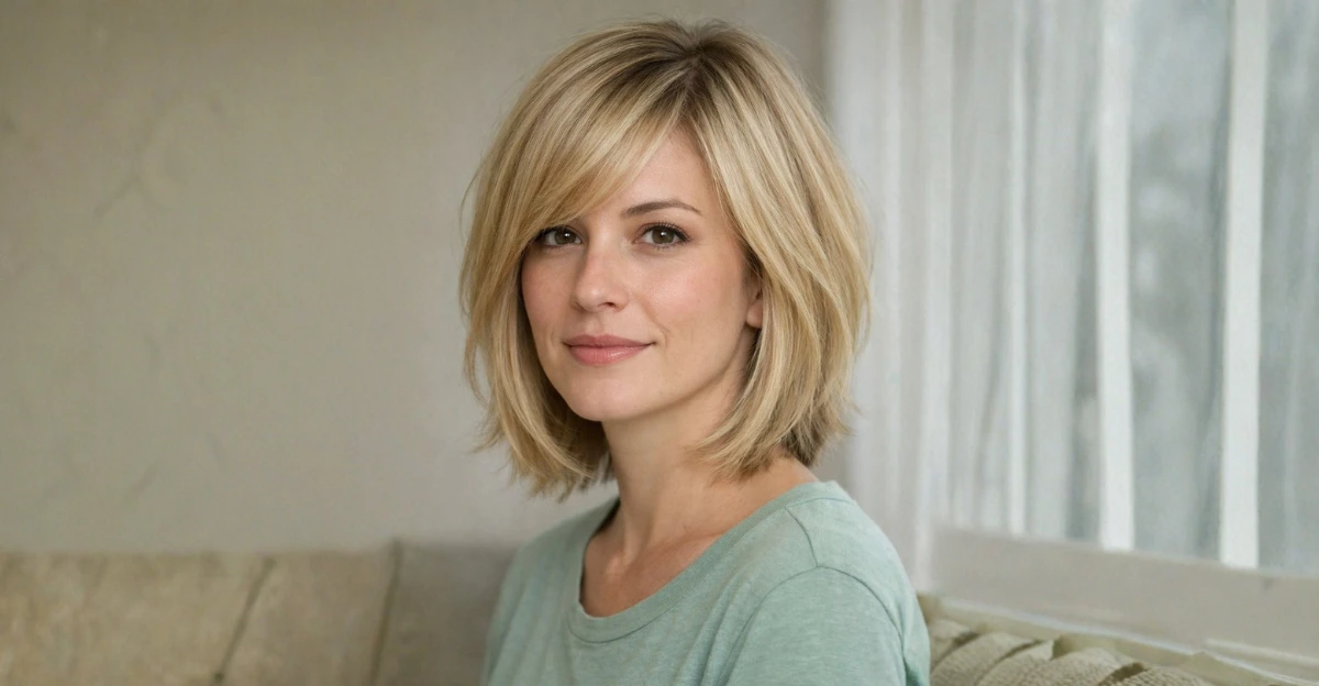 Woman with a side-swept layered long bob, styled softly with natural volume and movement.