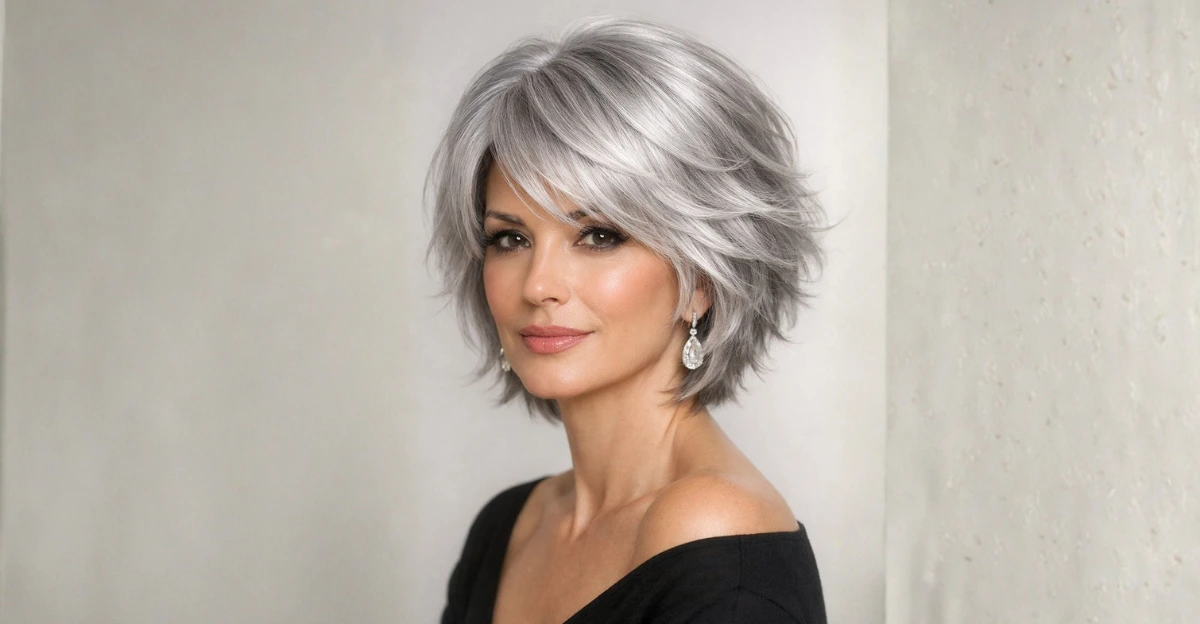 Woman with a silver feathered layered bob, softly styled with light texture and movement.
