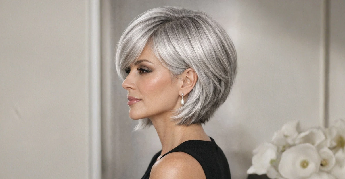 Side-profile of a woman with a silver layered bob, styled sleek with soft volume and shine.