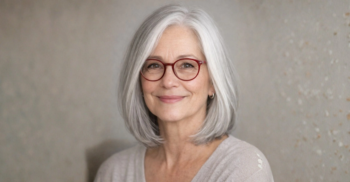 Silver Lob hairstyle on a woman over 70 wearing glasses.