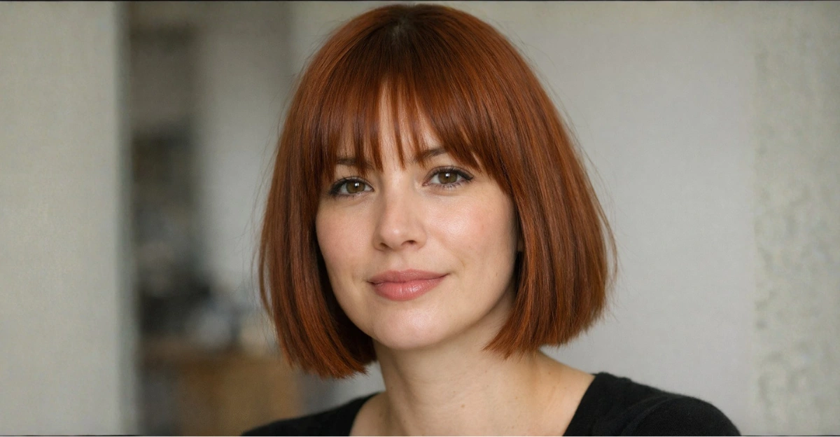 Sleek short bob haircut with long piecey bangs and a smooth, polished finish.