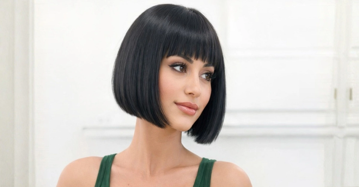 Sleek short bob haircut with straight bangs and a sharp, glossy silhouette.