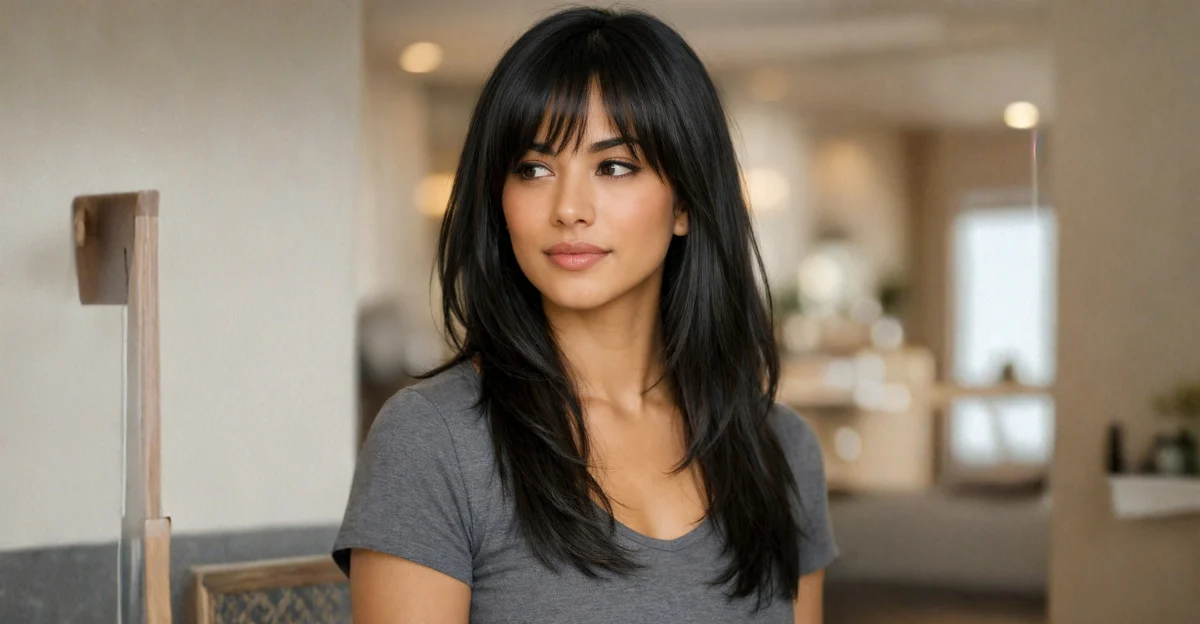 Sleek butterfly hairstyle with wispy bangs and long, shiny hair.