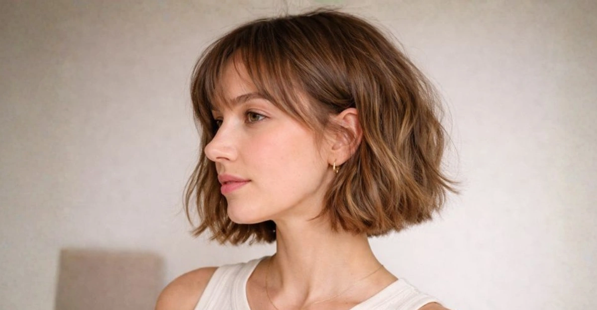 Soft wavy short bob haircut with grown-out bangs and a relaxed, natural shape.