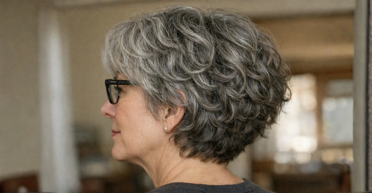 Side view of stacked curly bob with short gray curls and glasses.