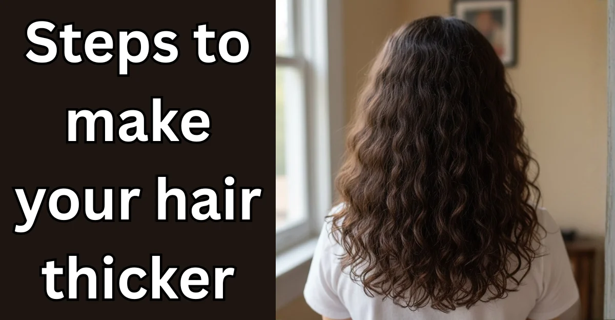 A back view of a woman with long, voluminous brunette curls, illustrating the goal of achieving thicker, healthy hair.