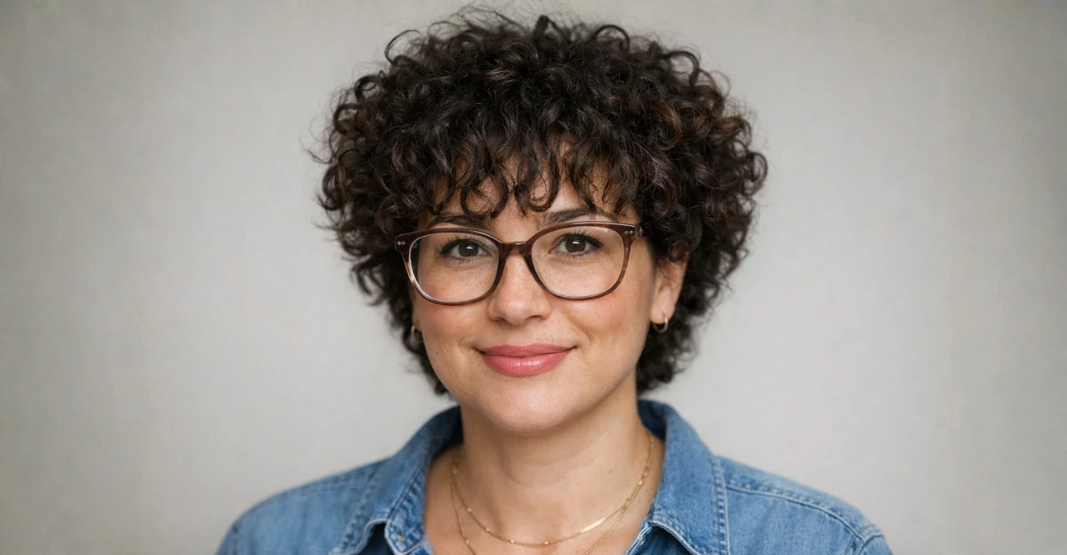 Woman with tapered curly hair and soft bangs, wearing glasses.