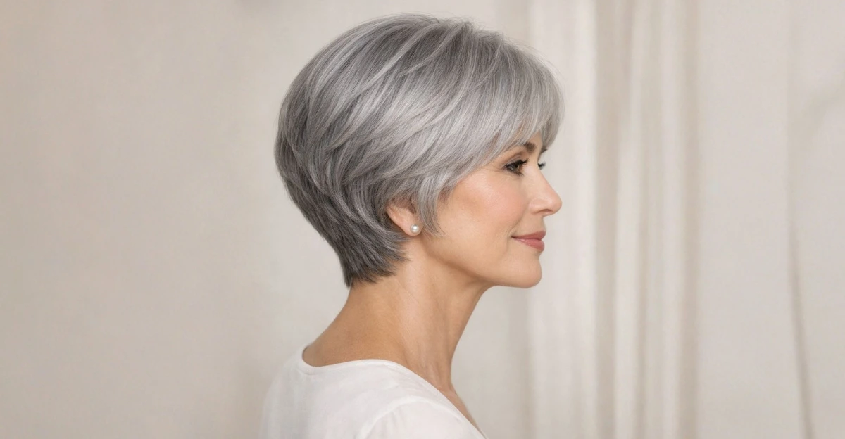 Side-profile of a woman with a tapered layered bob, styled smoothly with soft silver tones.