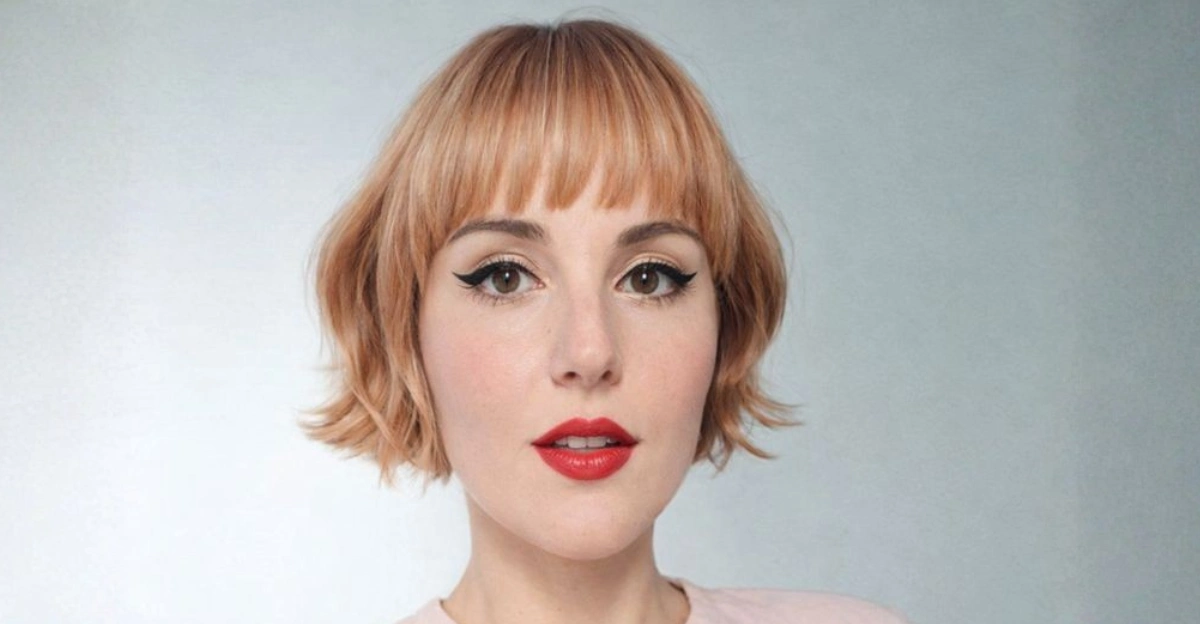 Textured short bob haircut with blunt bangs and subtle, piecey movement.