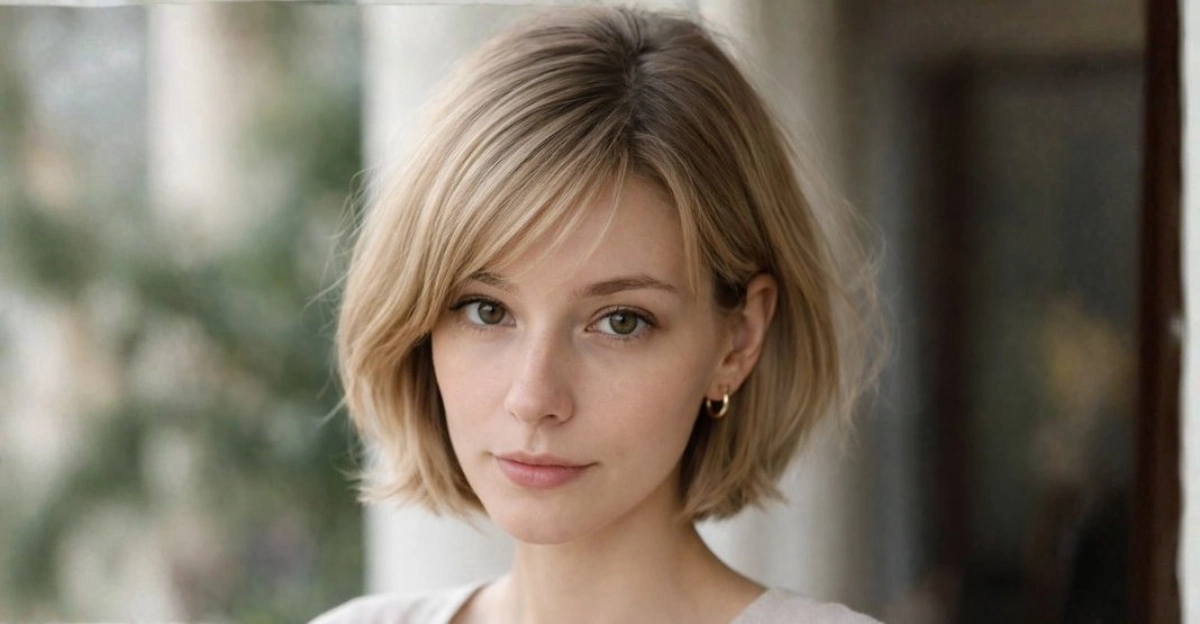 Textured short bob haircut with side bangs and soft, natural movement.