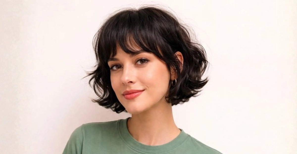 Textured short bob haircut with soft waves and a relaxed, effortless shape.