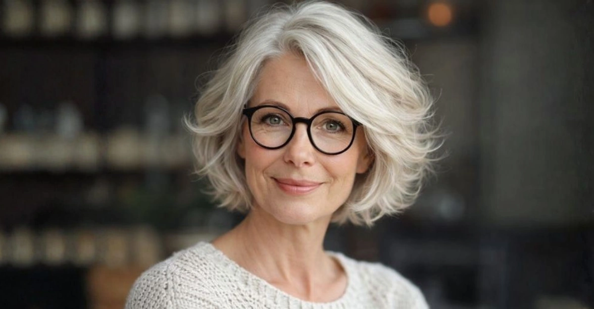Textured bob with a side part on a woman over 70 wearing glasses.
