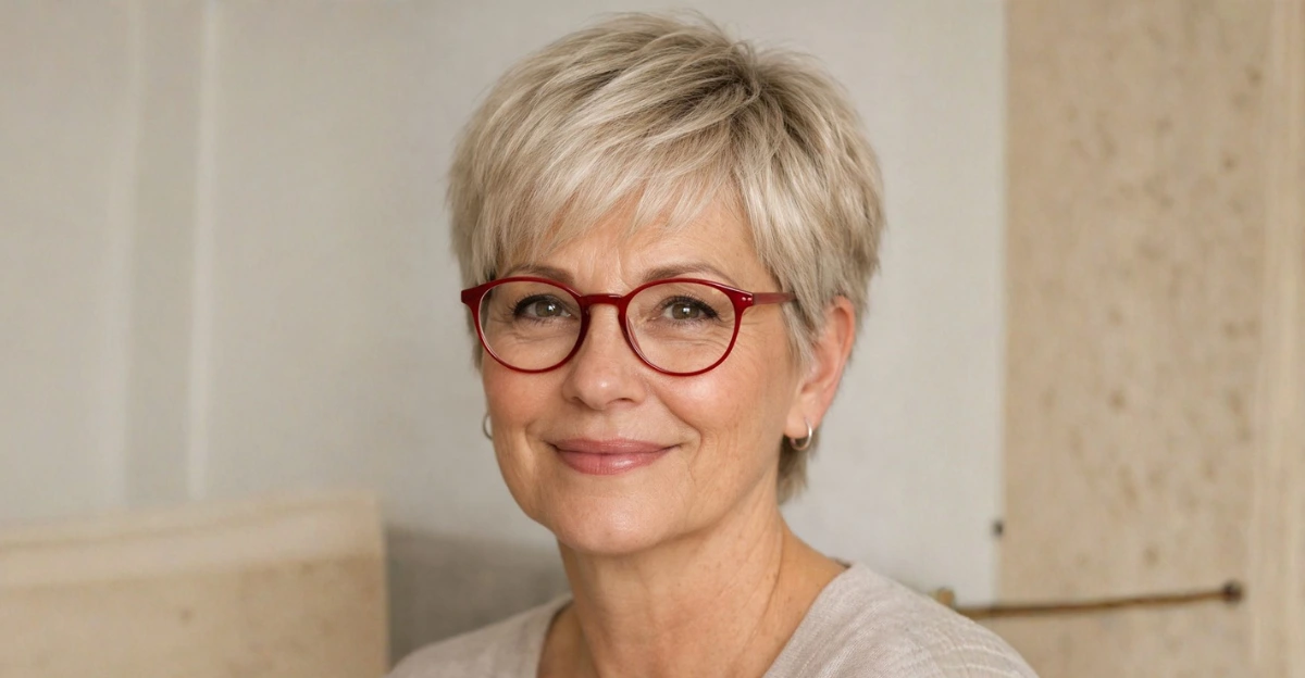 Textured pixie haircut on a woman over 70 wearing glasses