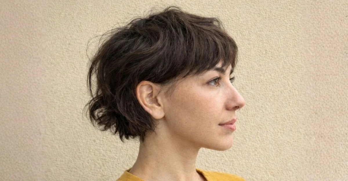 Textured short bob haircut with loose waves and soft bangs for an easy, natural look.