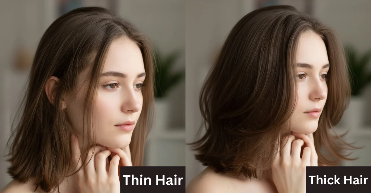 A side-by-side comparison of a woman showing the difference between thin, flat hair and thick, voluminous hair with layered movement.