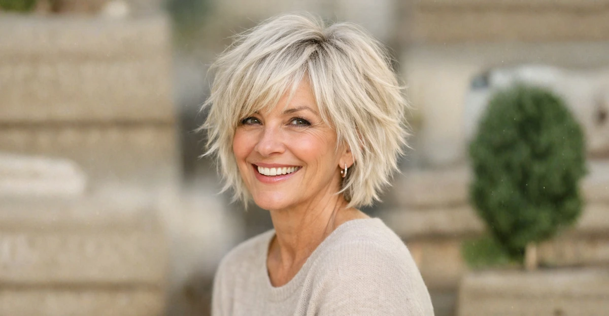 Woman with a tousled choppy layered bob, styled with airy texture and a relaxed finish.