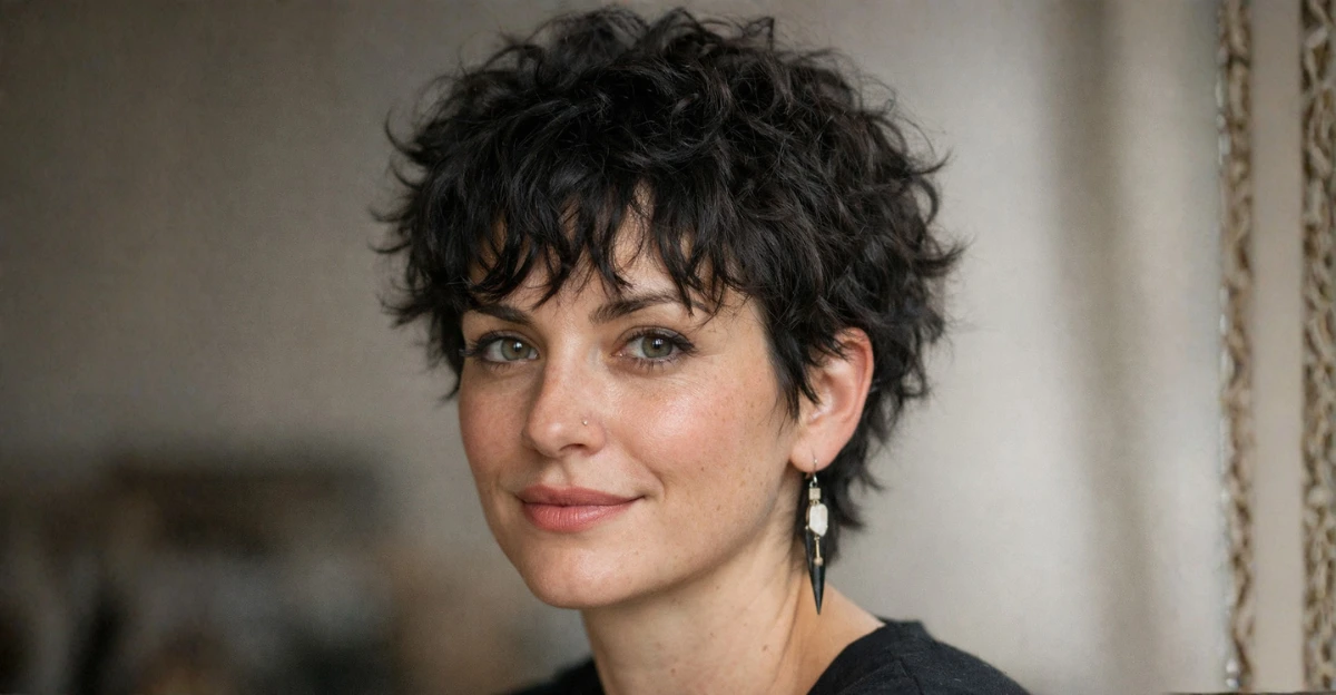 Woman with a tousled curly pixie haircut featuring soft bangs and textured curls.
