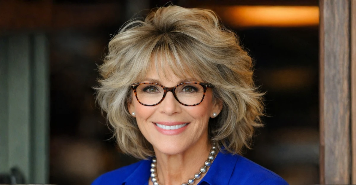 Tousled feathered layered hairstyle on a woman over 70 wearing glasses.