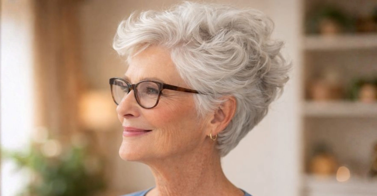 Tousled swept-back pixie haircut on a woman over 70 wearing glasses.