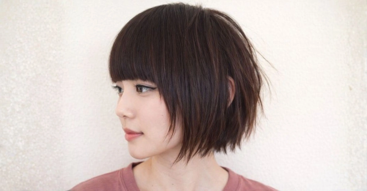 Undercut short bob haircut with blunt bangs and a sharp, modern edge.