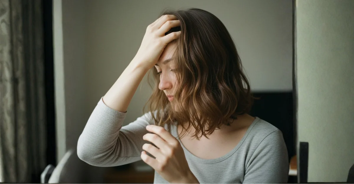 A side profile of a woman with medium-length brown hair looking down and touching her strands, illustrating the need to minimize the use of hot styling tools to prevent thinning and damage.