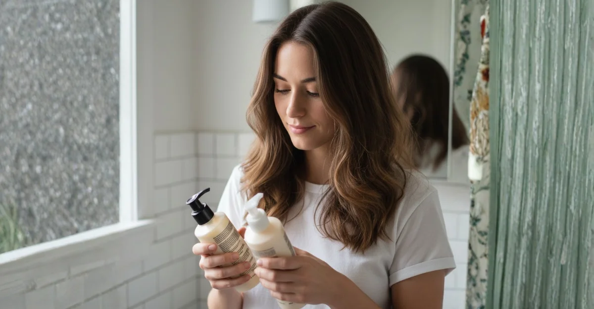 A close-up of a woman’s hand holding a clear bottle of hair serum next to a white pump bottle, demonstrating the choice of lightweight products for hair density.