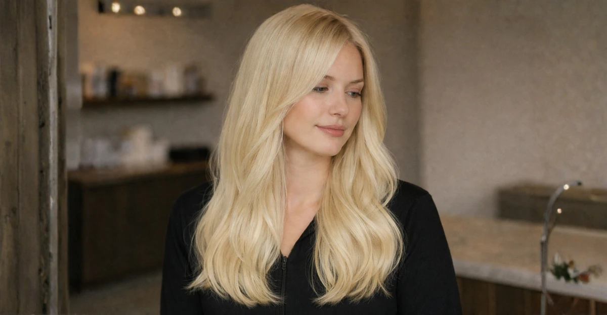 Woman with soft vanilla blonde hair styled in smooth, natural waves indoors.