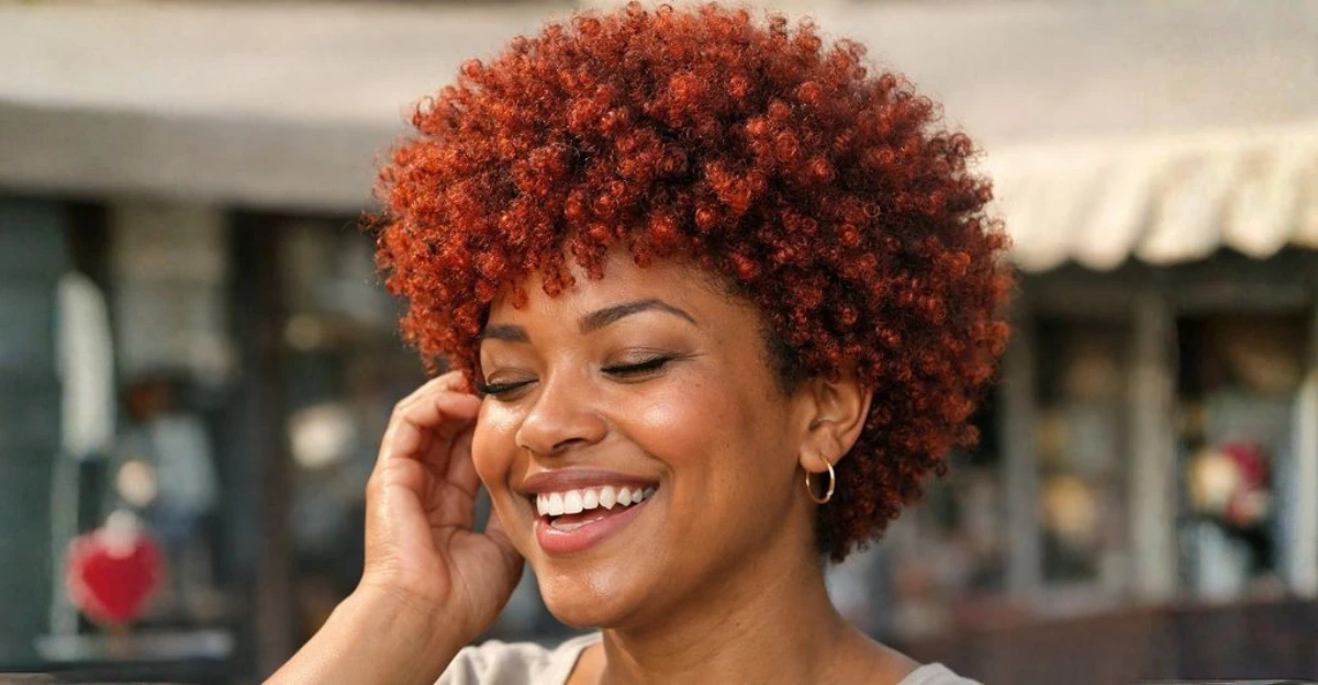 woman with a vibrant short curly afro in a rich copper tone.
