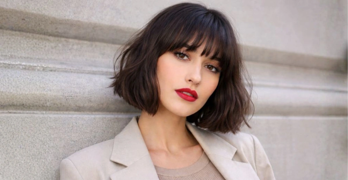 Voluminous short bob haircut with straight-edged bangs and a full, rounded shape.