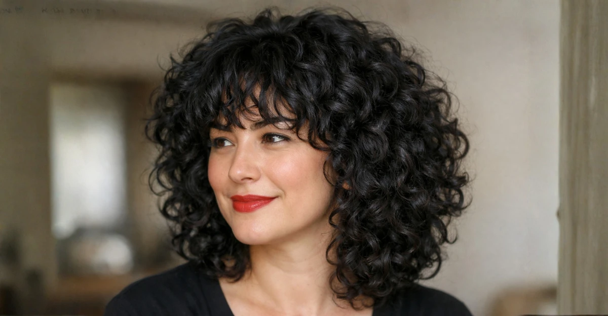 Woman with voluminous curly hair and soft bangs, styled into a full, rounded shape.