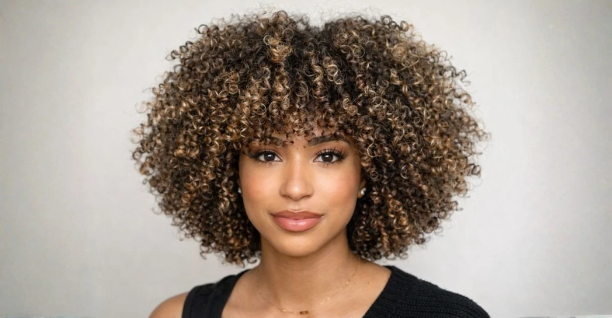Woman with a voluminous curly bob and soft, rounded bangs framing the face.