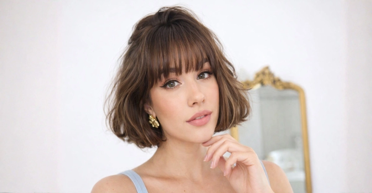 Voluminous short bob haircut with full bangs and a soft French-inspired shape.