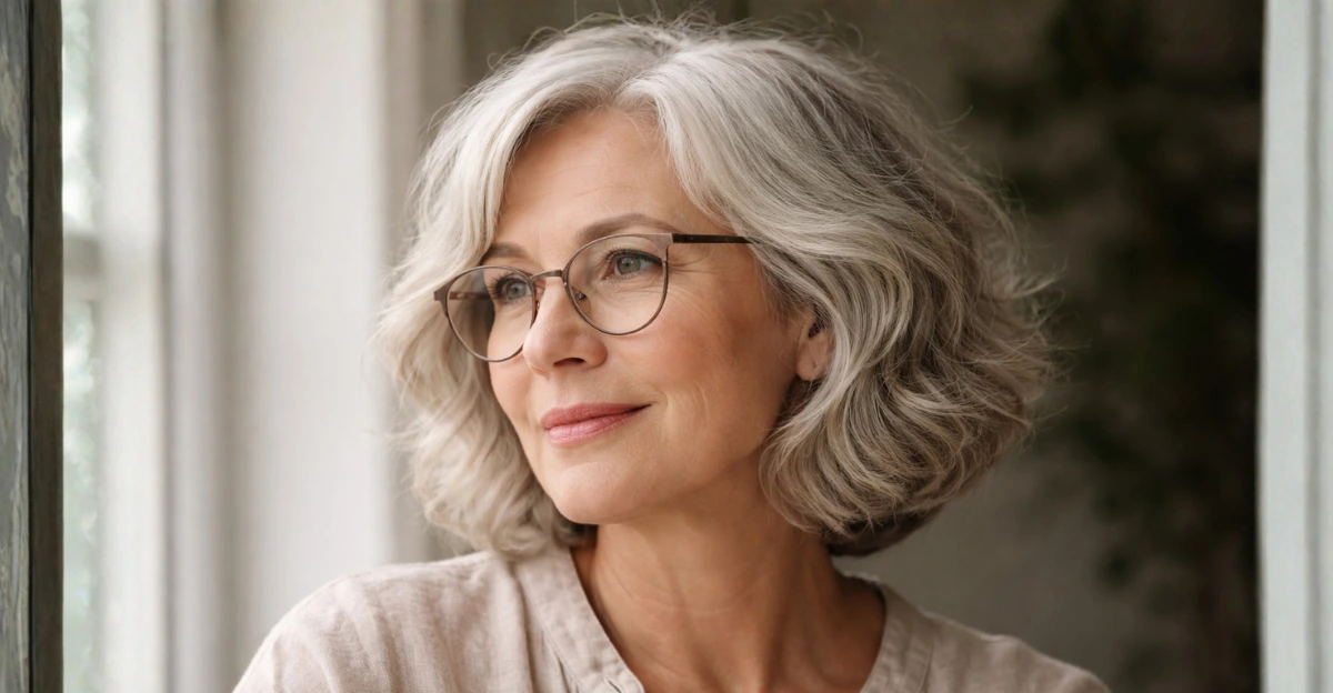 Voluminous wavy bob on a woman over 70 wearing glasses, with soft natural texture