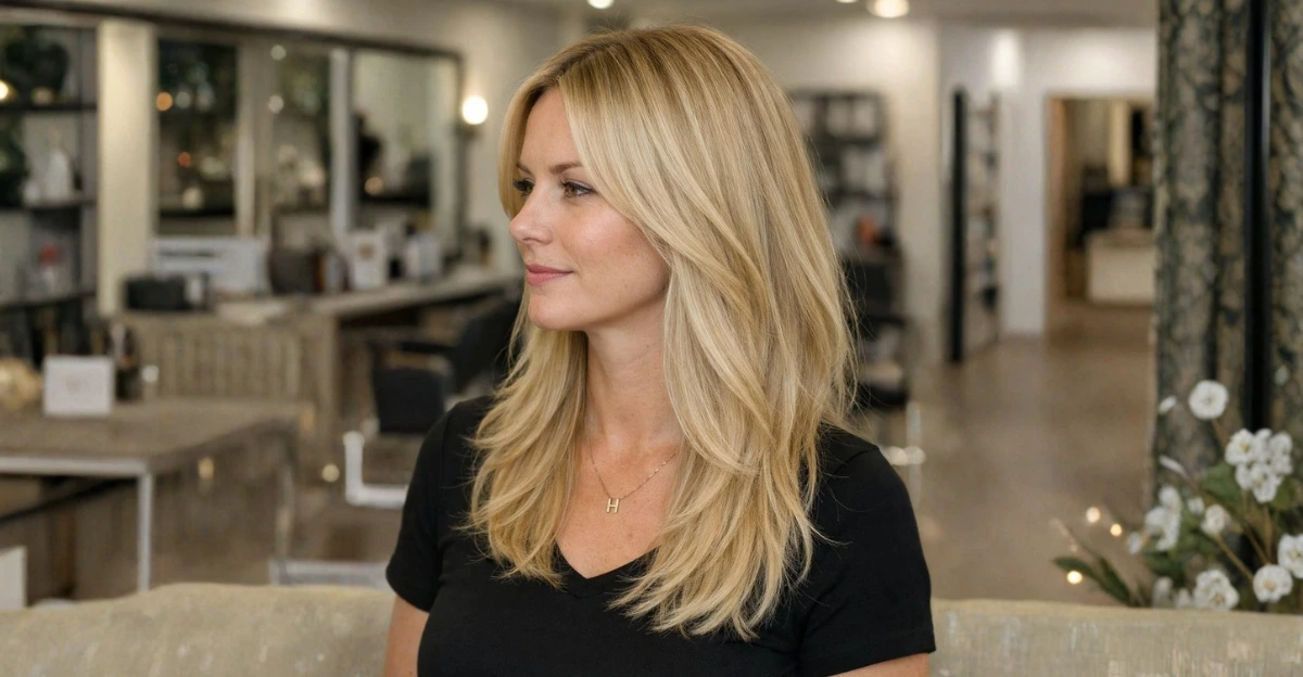 Woman with warm vanilla blonde hair and soft layers, styled naturally in a bright salon setting.