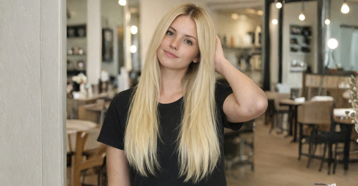Woman with long warm vanilla blonde hair styled straight