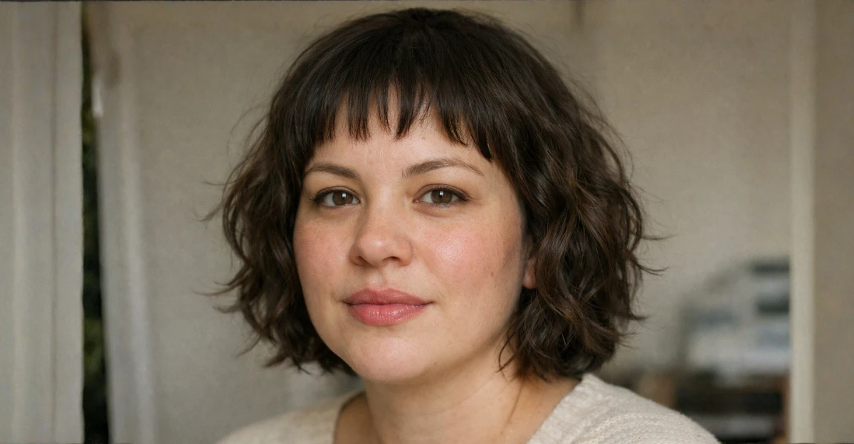 Wavy short bob haircut with baby bangs and a soft, naturally textured finish.