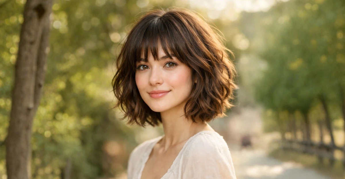 Woman with a wavy bob haircut featuring soft layers and bangs
