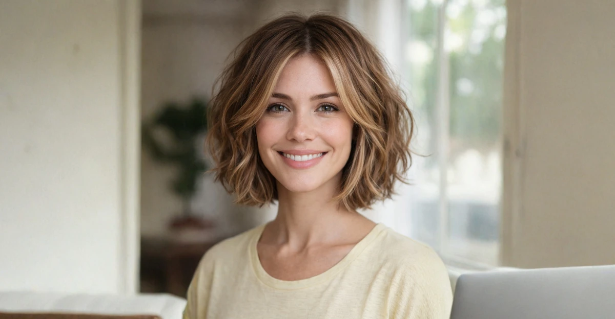 Woman with a wavy bob haircut and soft layers, styled naturally with a relaxed finish.