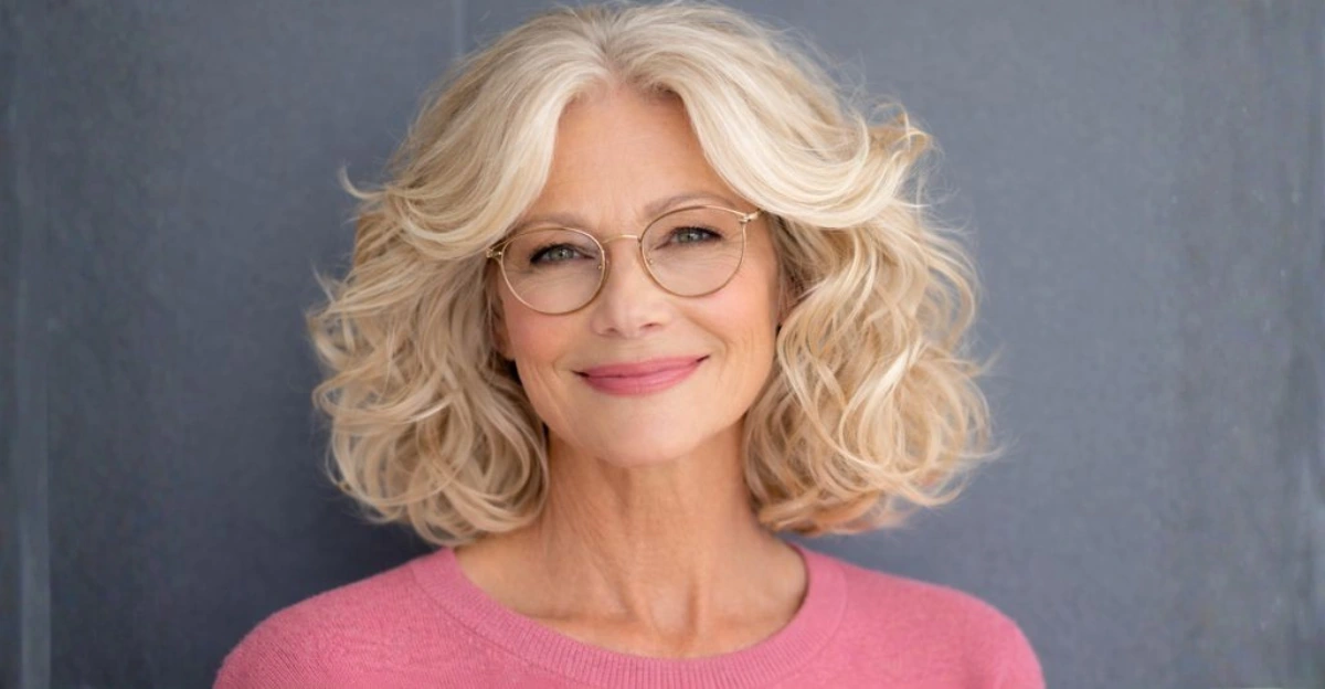 Wavy layered haircut with curtain bangs on a woman over 70 wearing glasses.