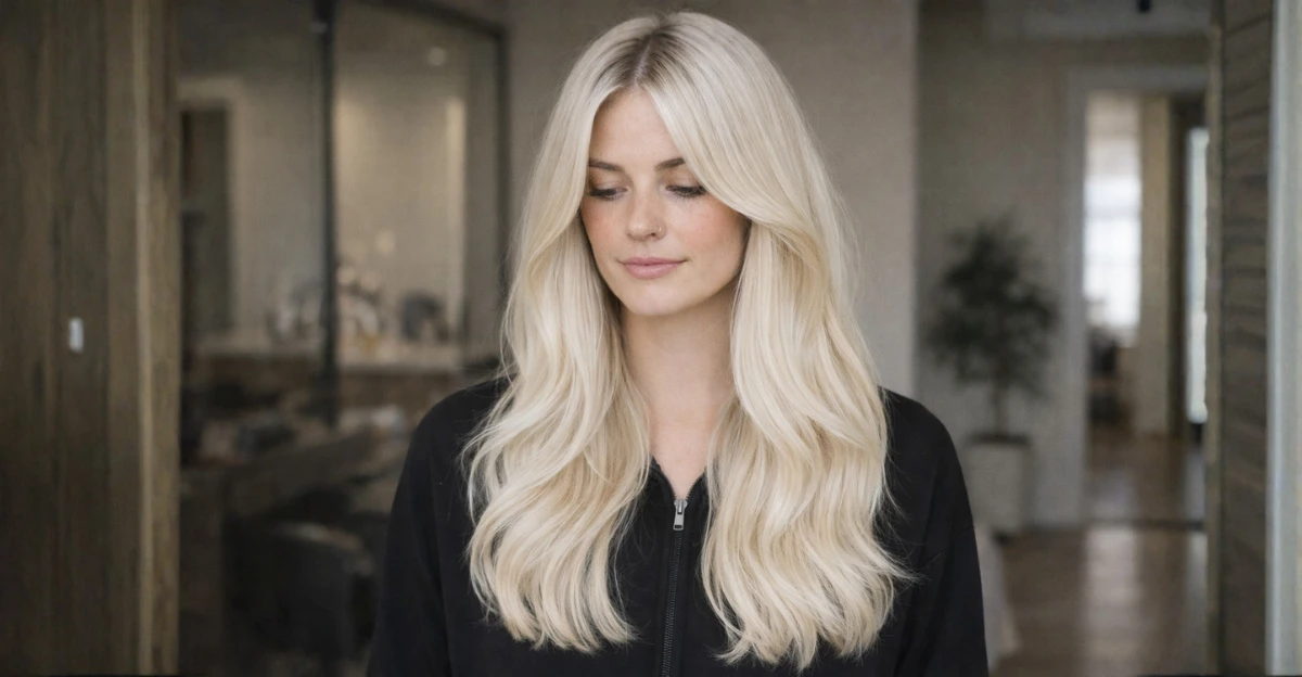 Woman with white blonde hair styled in long, soft waves with a clean, icy finish