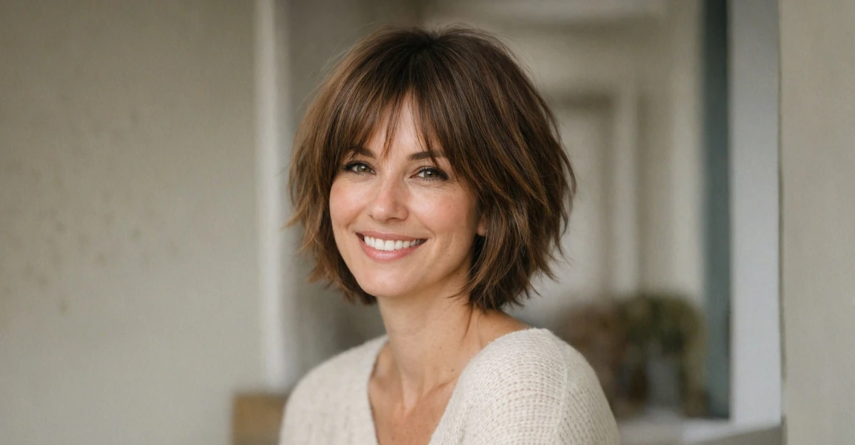 Woman with a wispy layered bob and soft bangs, styled with light texture and natural movement.