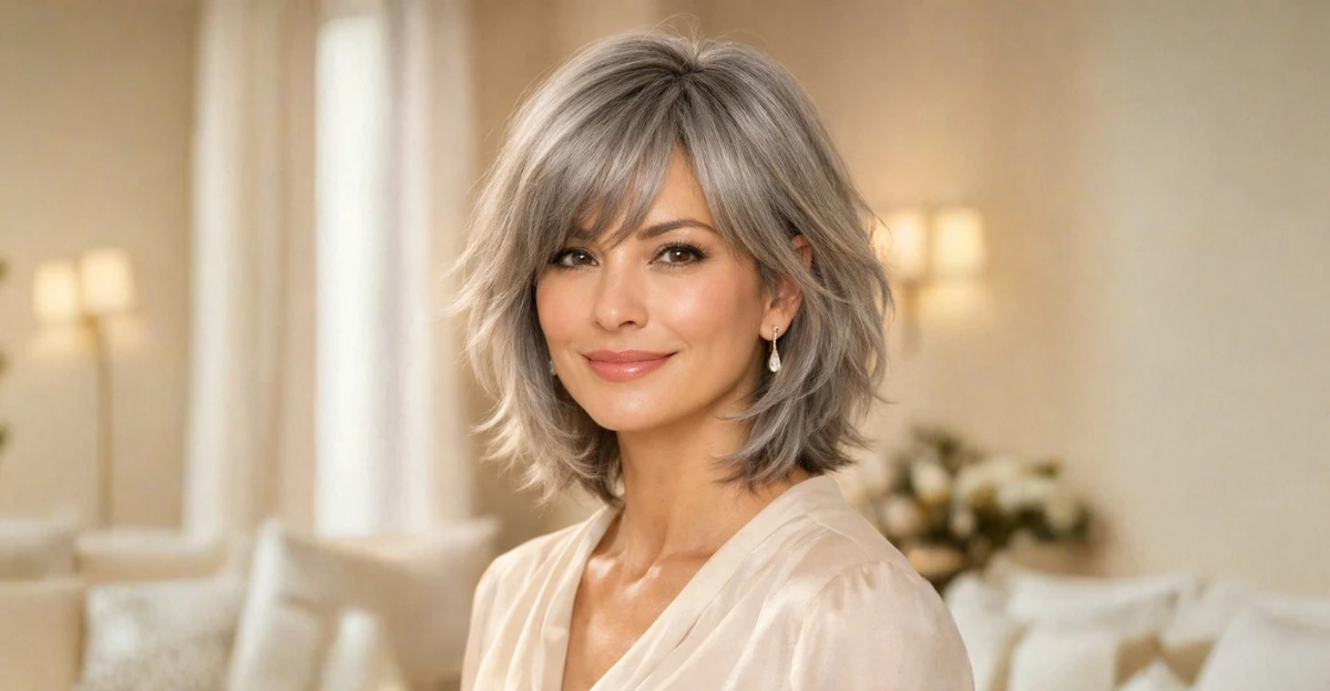Woman with a wispy long bob featuring soft layers and side-swept bangs, styled with light texture.