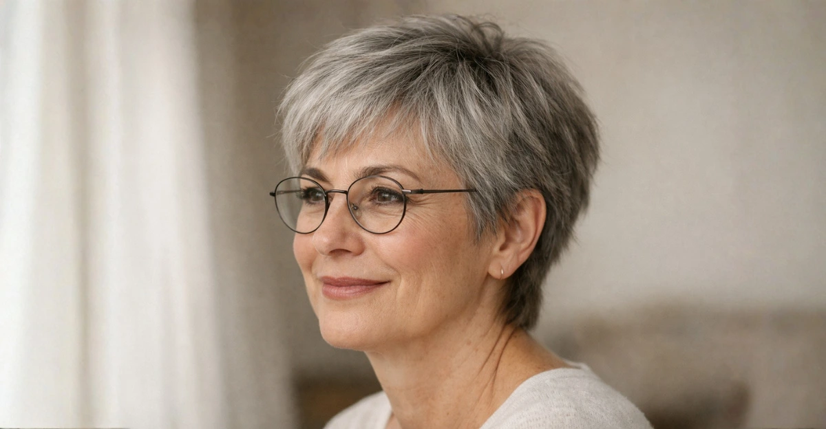 Elegant silver wispy pixie cut on a woman over 70 wearing glasses, highlighting a soft, age-friendly hairstyle