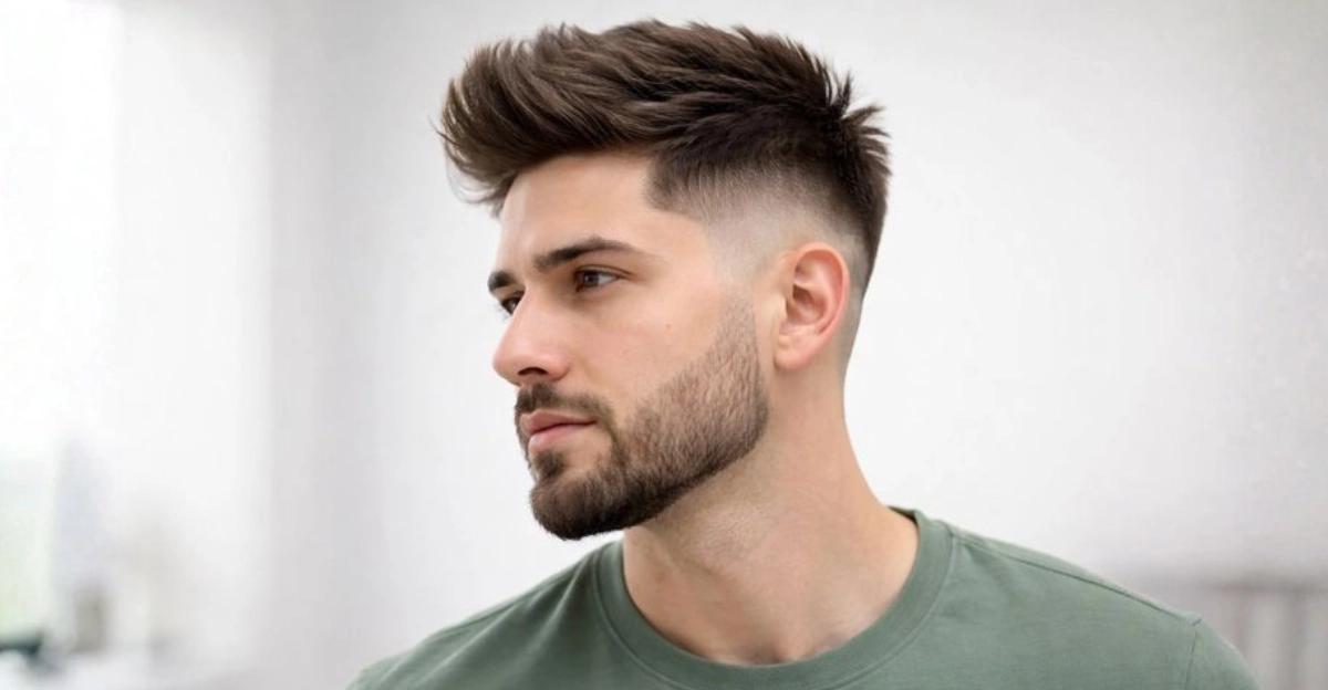 Youthful Short Quiff with Drop Fade and Beard