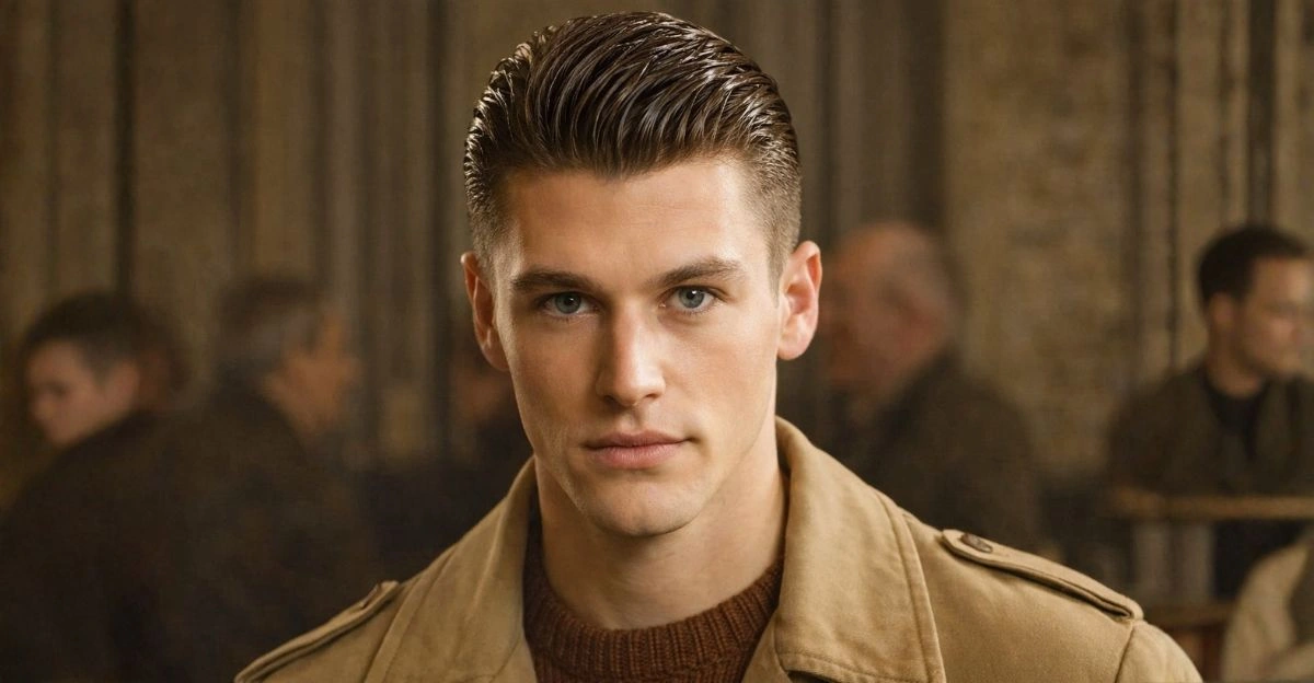 80/20 haircut with strong side part, long smooth top, and refined brushed-back flow for old-money style.