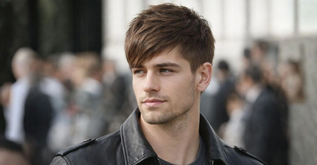 Angular fringe haircut with diagonal front section that lowers forehead appearance stylishly.
