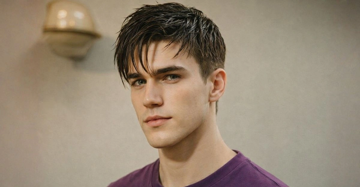 Man with angular fringe wet look with shiny angled bangs and short sides.