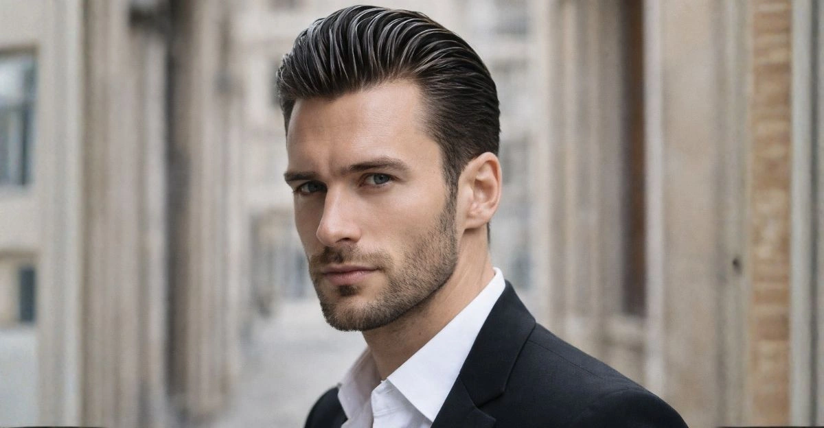 Brushed-back hairstyle with lifted top and clean taper for a sharp, confident old-money style.