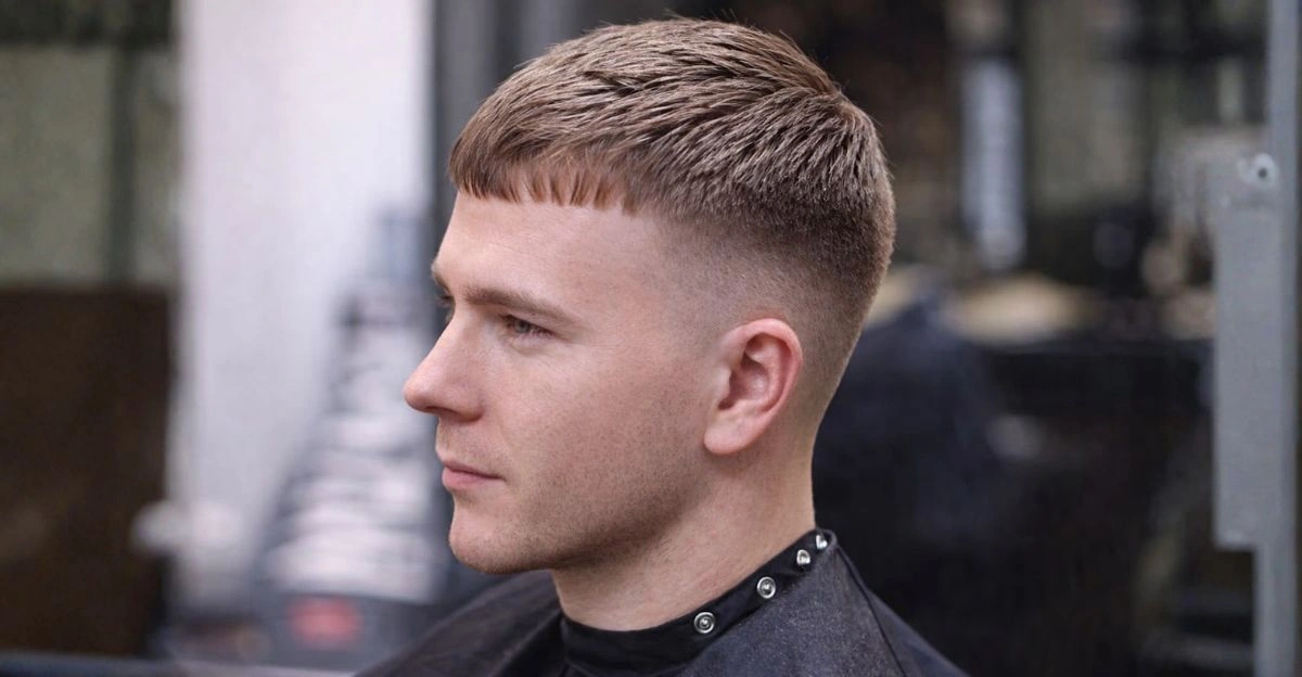 Caesar cut with straight fringe and faded sides that lowers the hairline and balances the face.