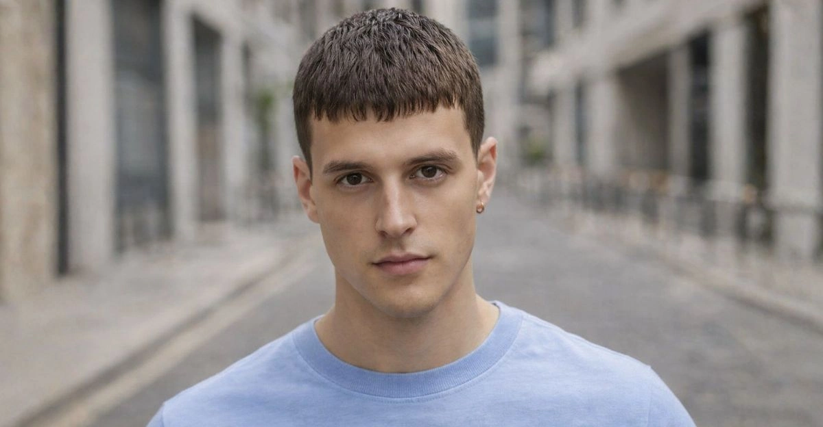 Caesar cut with short length, forward fringe, and clean lines for a sharp old-money style.